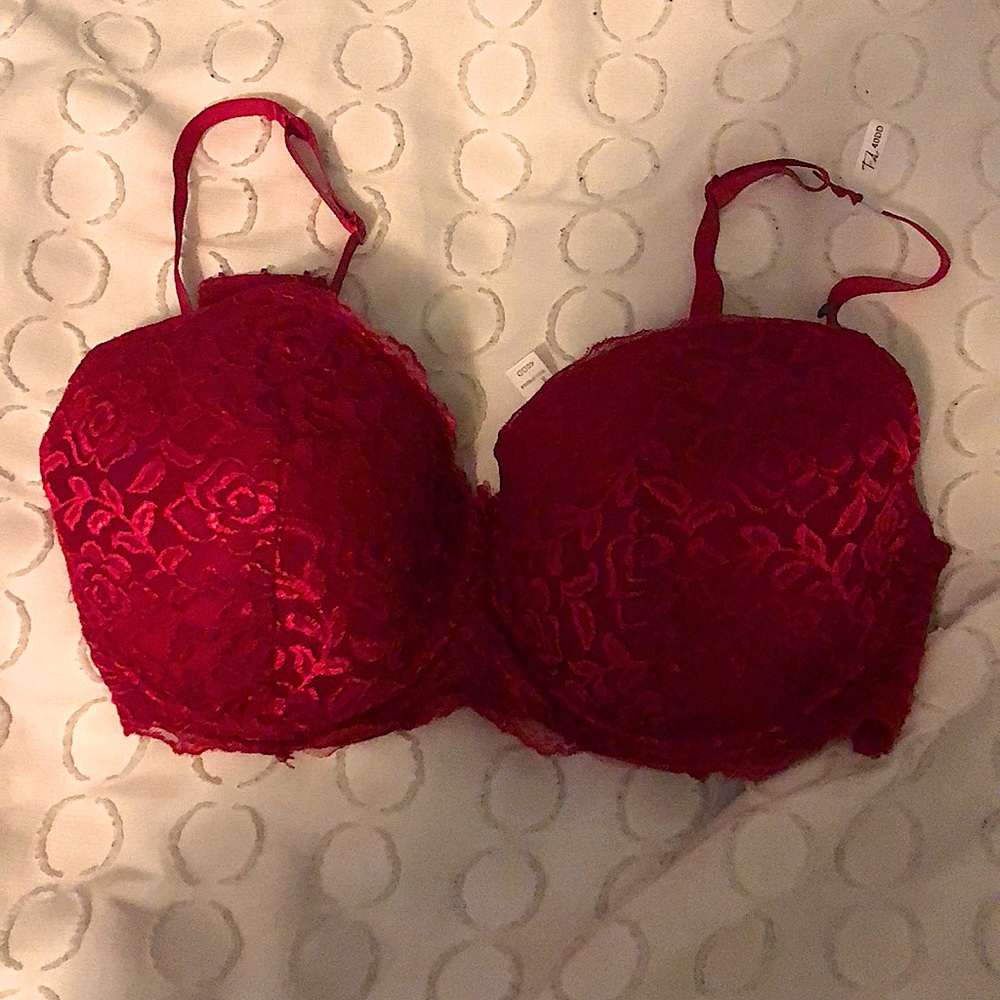 Red lacy bra.